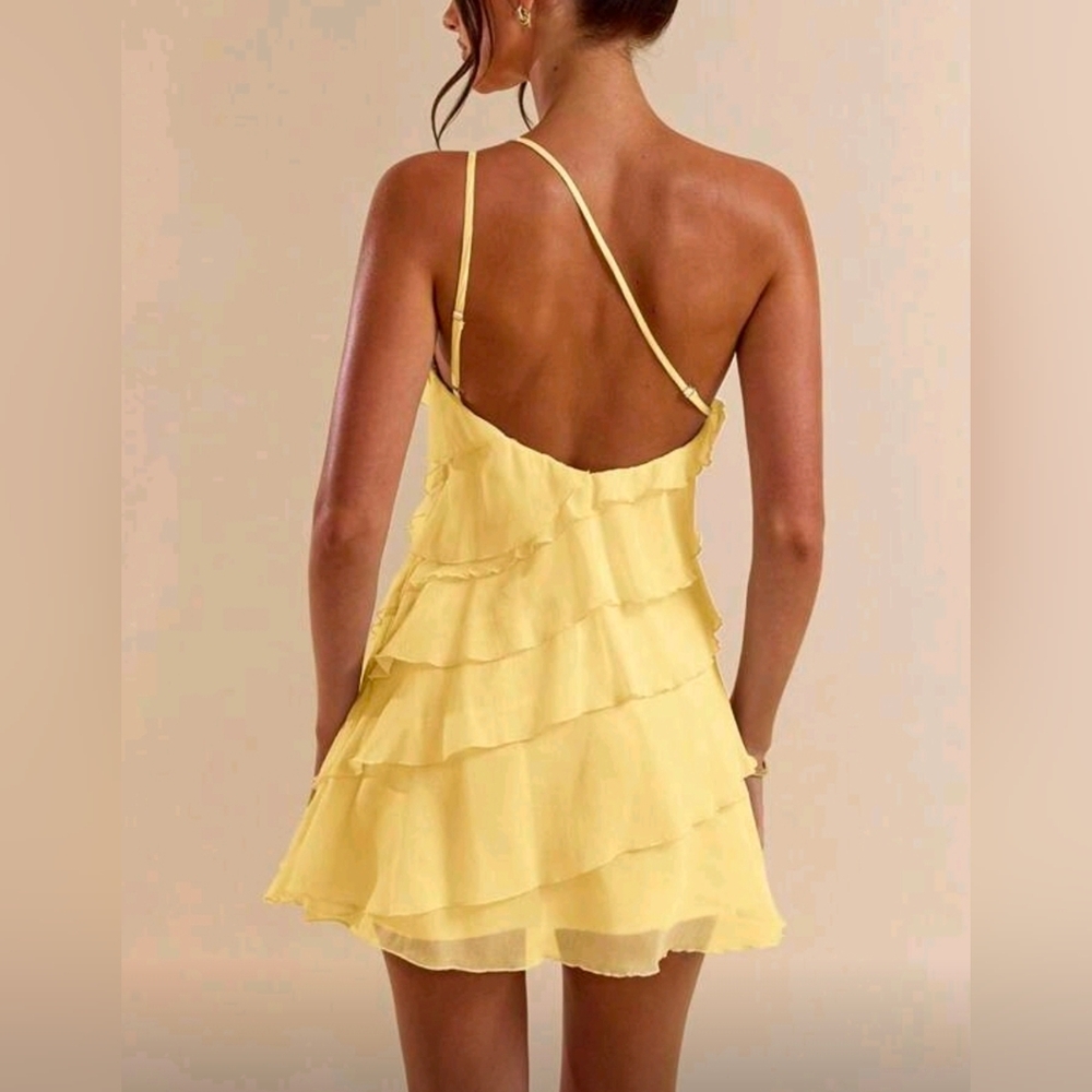 New Flirty Sheer Chiffon Layered Ruffle One Shoulder Mini Dress Yellow - Picture 5 of 9